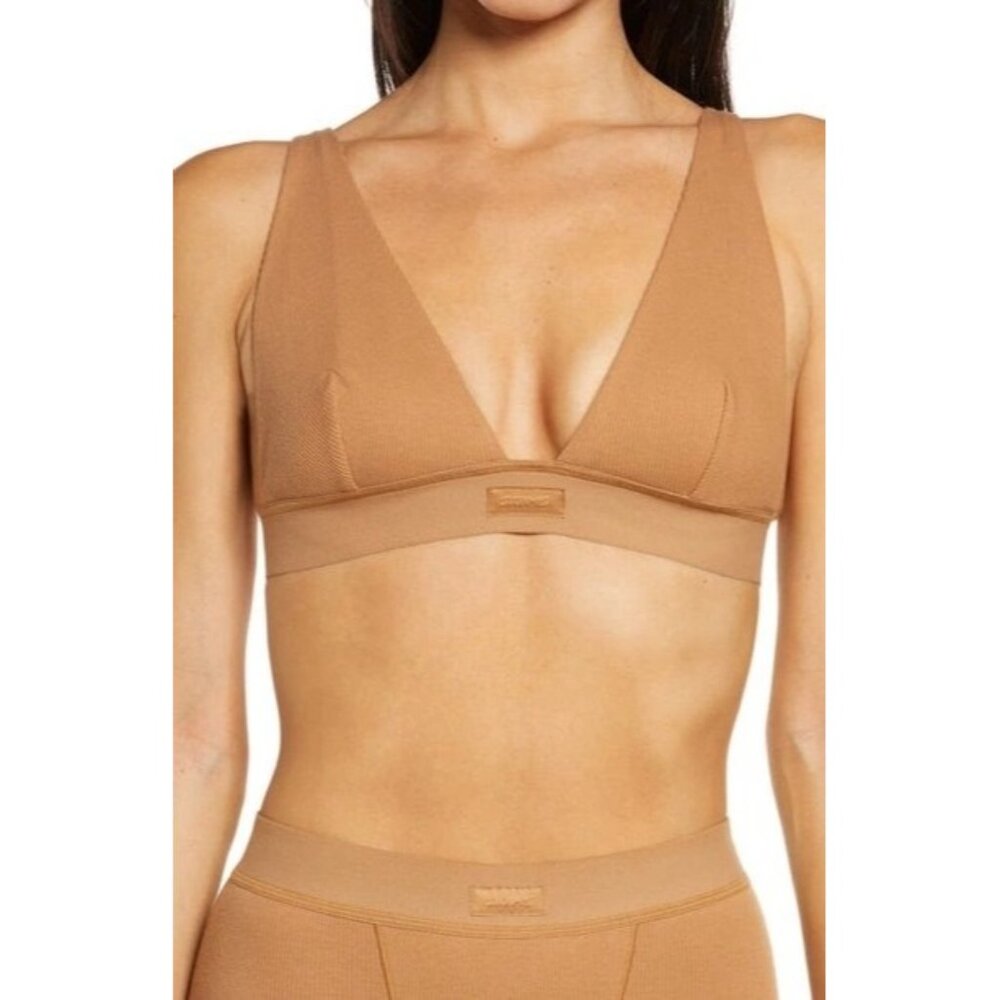 SKIMS Cotton Rib Plunge Bralette Camel Womens XXS - Picture 12 of 12